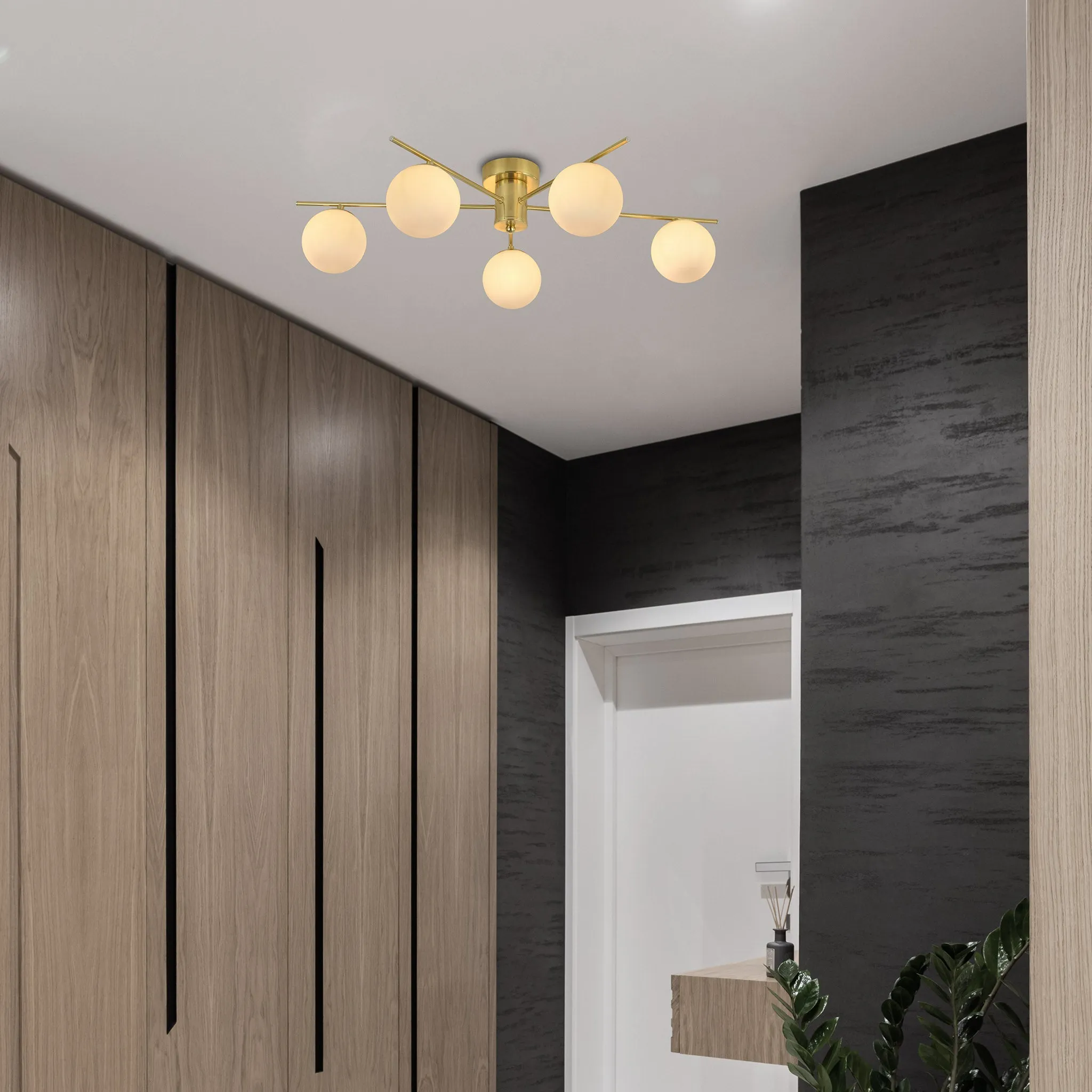 Salle 5 Light Modern Gold Flush Frosted Glass Ceiling Light