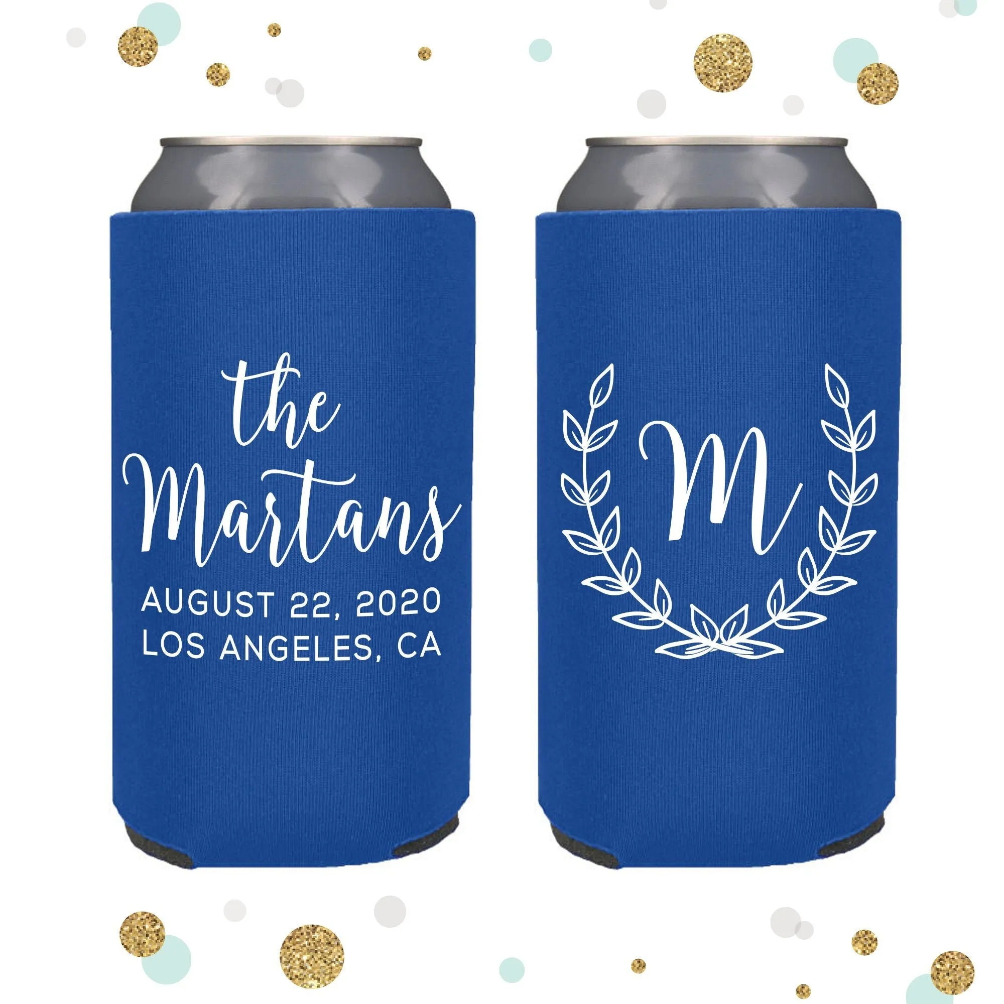 Slim 12oz Wedding Can Cooler #107S - Monogram Wreath