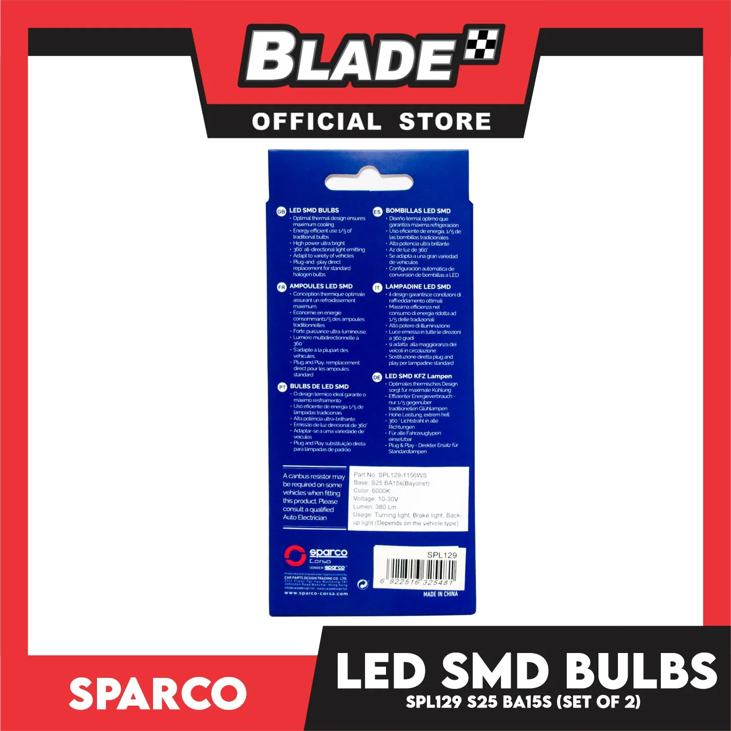 Sparco Led Smd Bulbs SPL129 S25 BA15S (Set of 2) Turning, Brake & Back-up Light