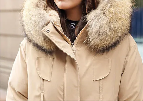 Super Soft and Comfy Faux Fur Hooded Trim Down Coat - BLUE