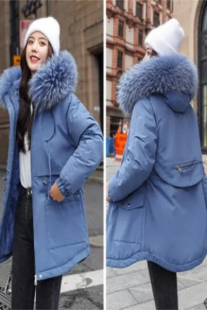 Super Soft and Comfy Faux Fur Hooded Trim Down Coat - BLUE