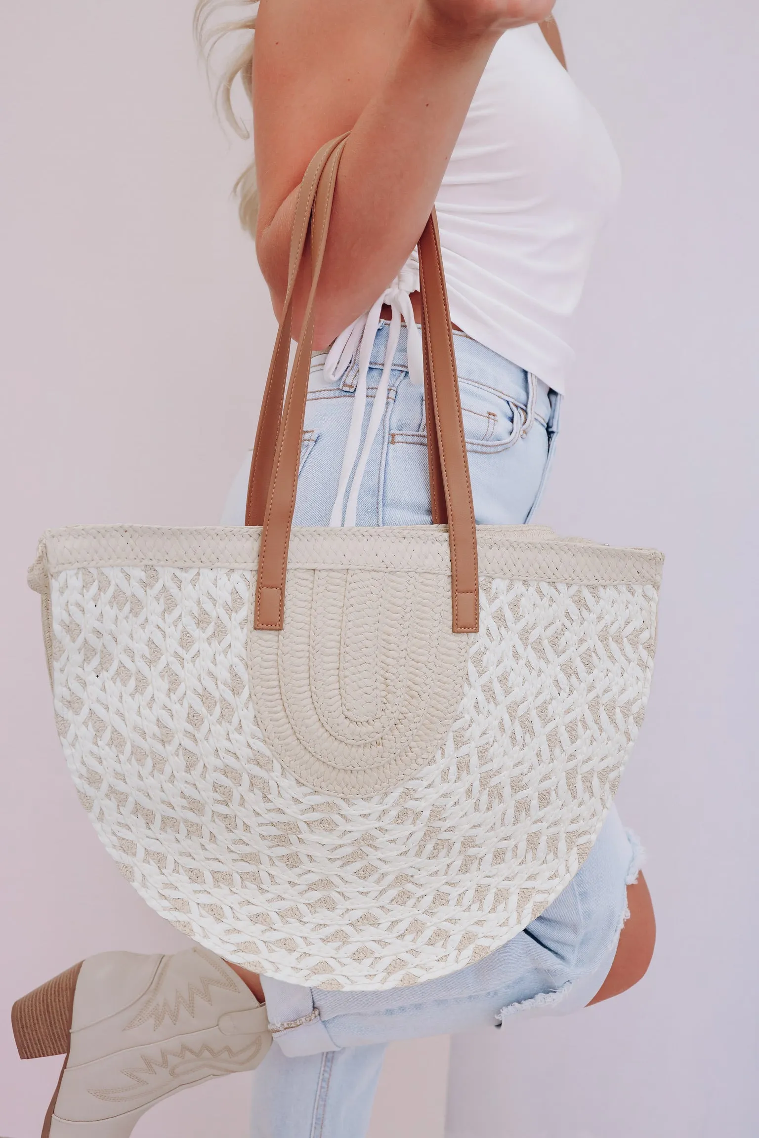 Warm Weather Charm Woven Tote - Beige