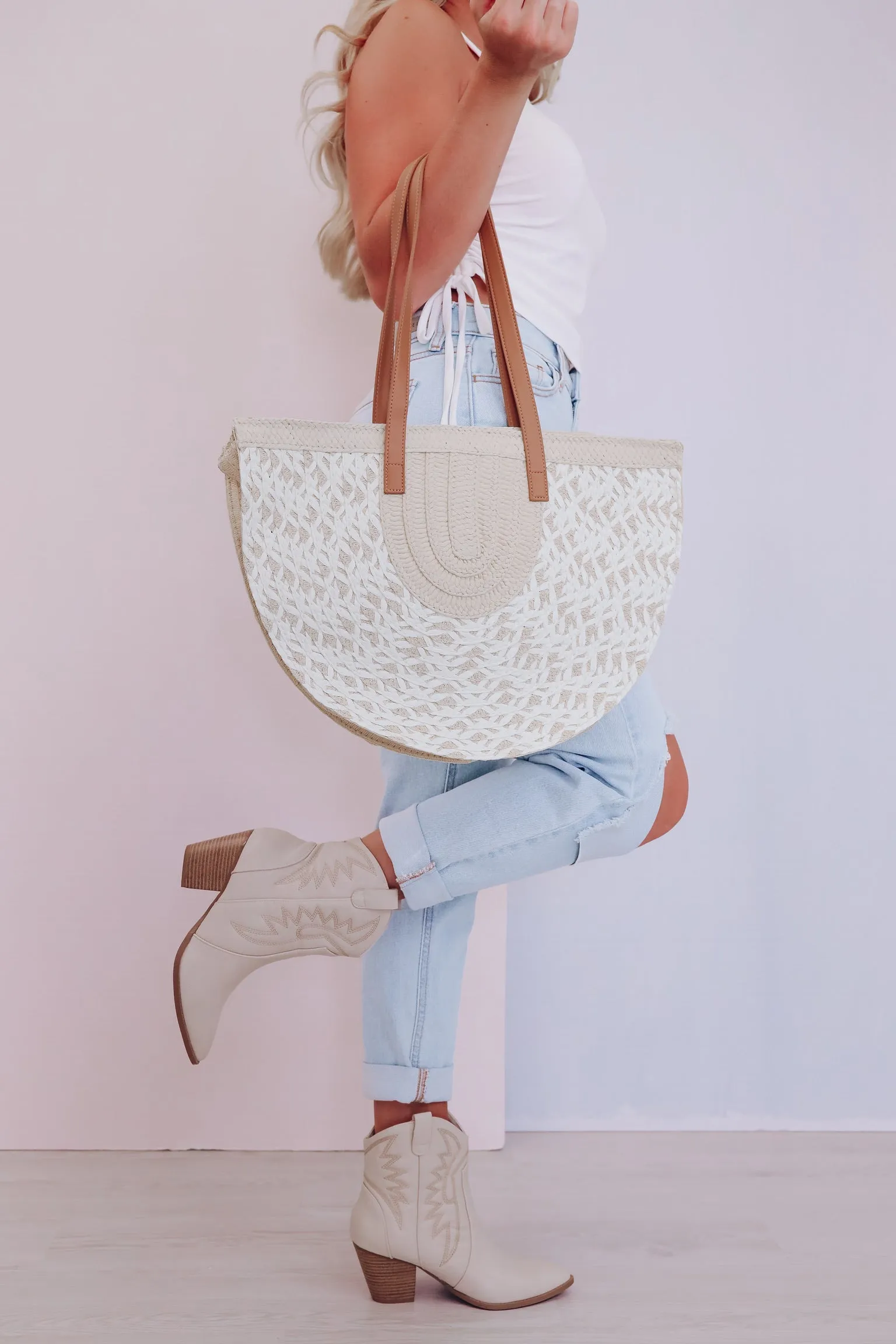 Warm Weather Charm Woven Tote - Beige