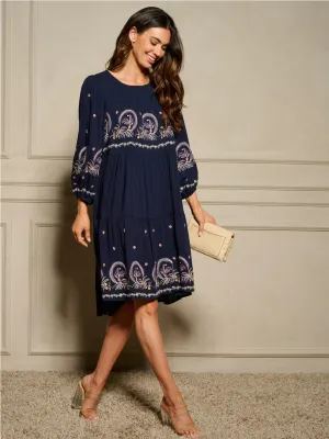 WOMEN'S LONG SLEEVE EMBROIDERY HIGH-LOW MIDI DRESS