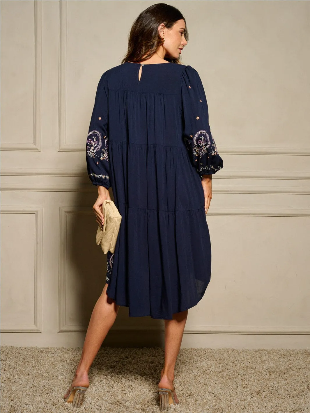 WOMEN'S LONG SLEEVE EMBROIDERY HIGH-LOW MIDI DRESS