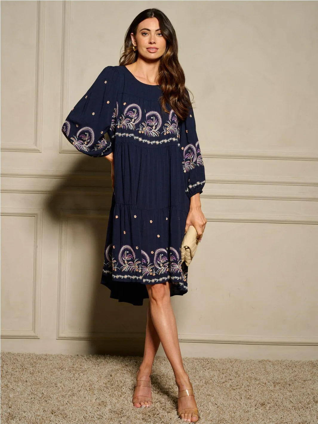 WOMEN'S LONG SLEEVE EMBROIDERY HIGH-LOW MIDI DRESS