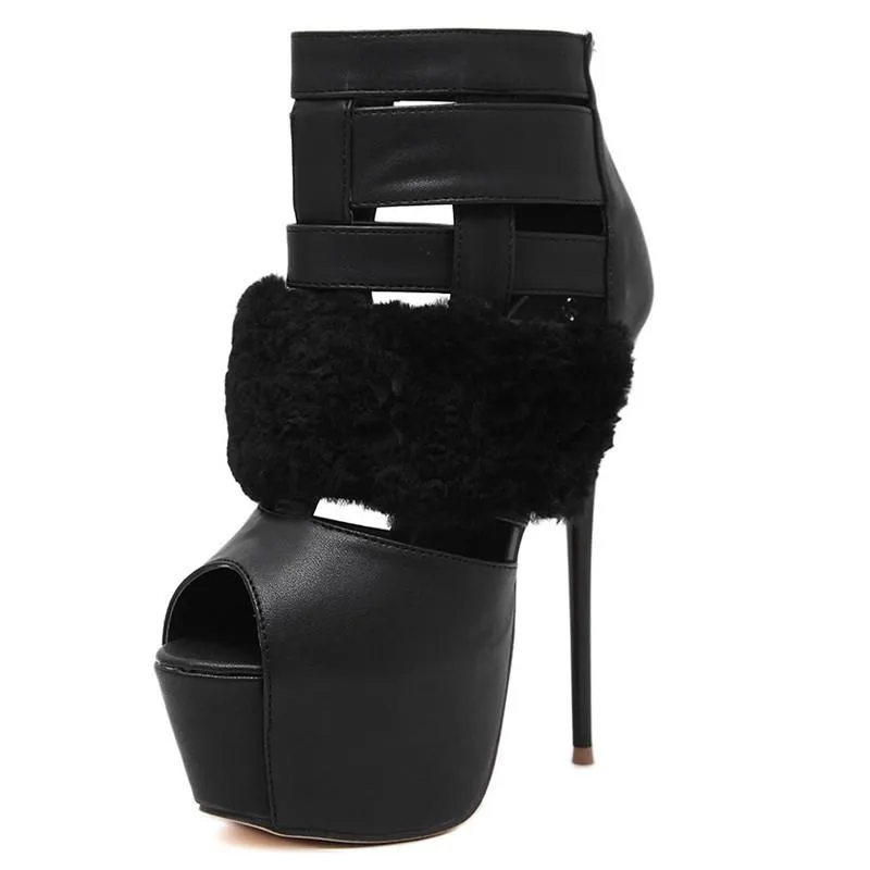 Women's Peep Toe Fur Pumps