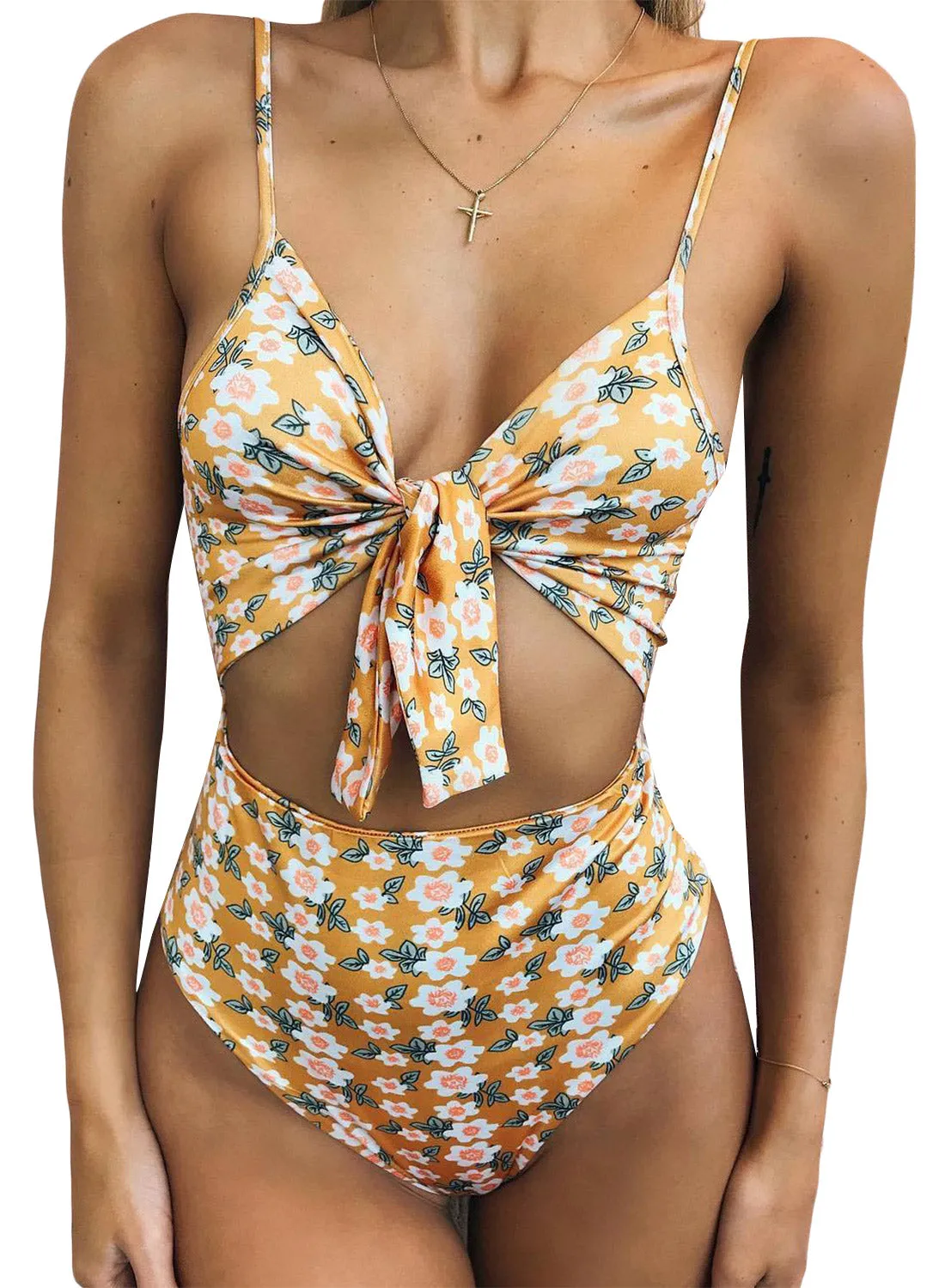 Yellow Flowery Cutout Tie Front Maillot Swimsuit